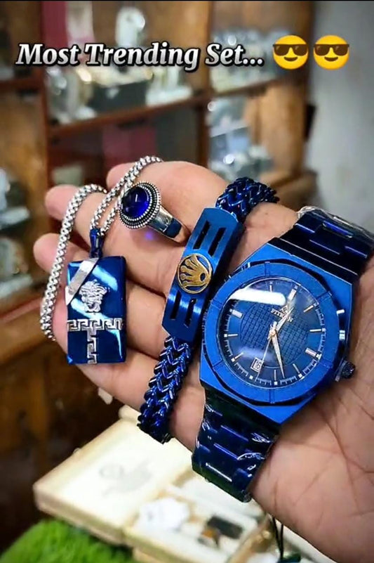 Blue Branded Glaxy Watch + Ring + Blue LION+RLX Bracelet